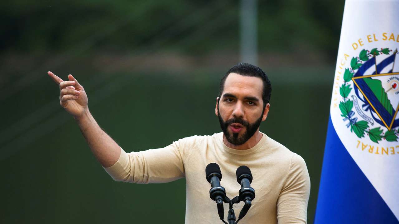 El Salvador's President Bukele speaks during the inauguration of the 3 de Febrero hydroelectric power plant in San Luis de La Reina
