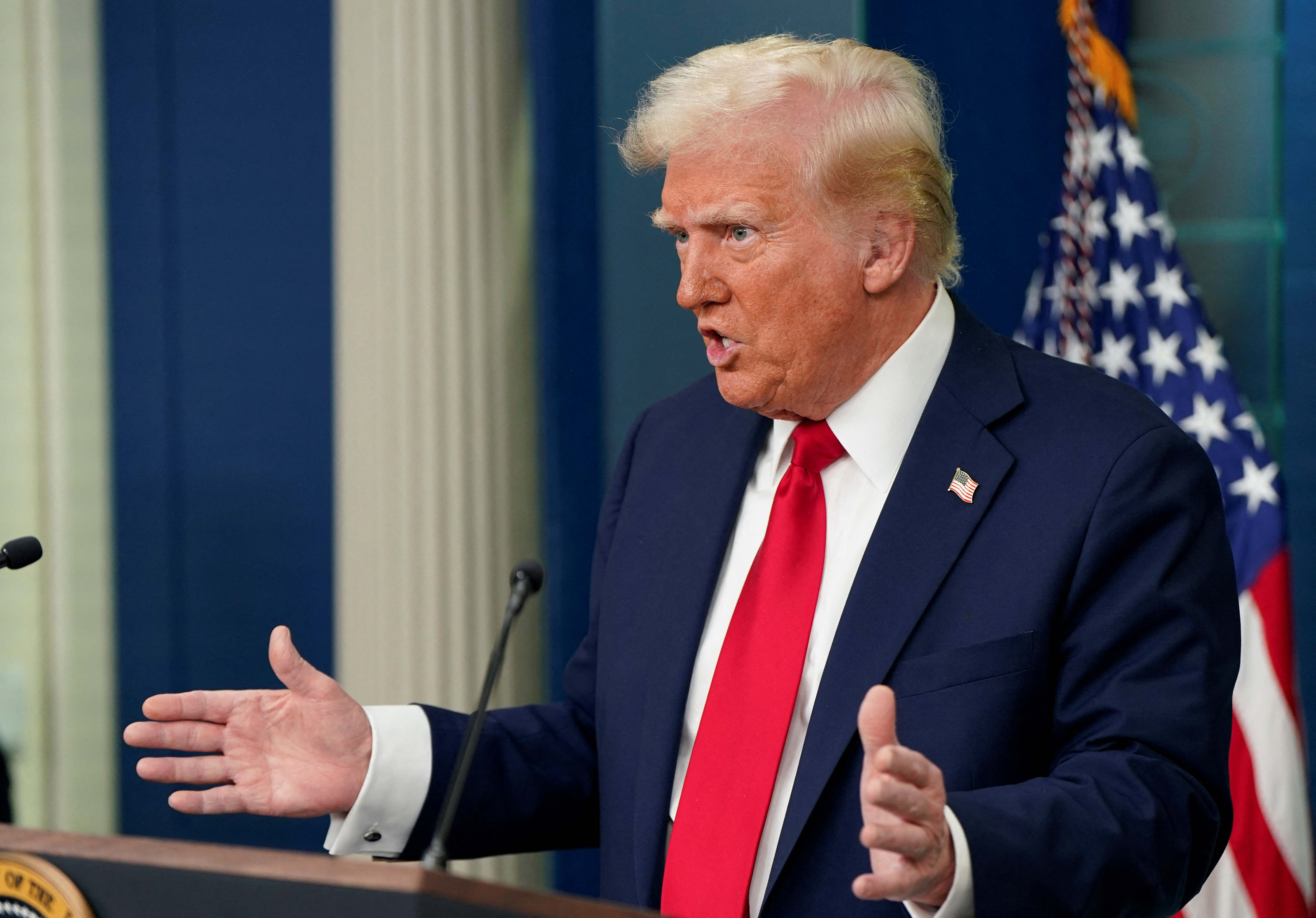 U.S. President Trump briefs reporters on midair collision near Ronald Reagan Washington National Airport, at the White House in Washington