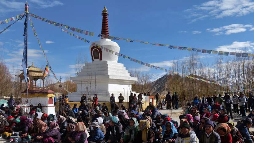 Demonstrators attend a sit-in protest demanding constitutional safeguards and statehood in Ladakh