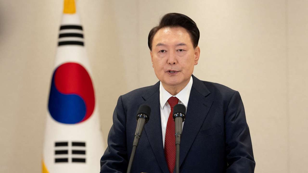 South Korean President Yoon Suk Yeol delivers an address to the nation at the Presidential Office in Seoul
