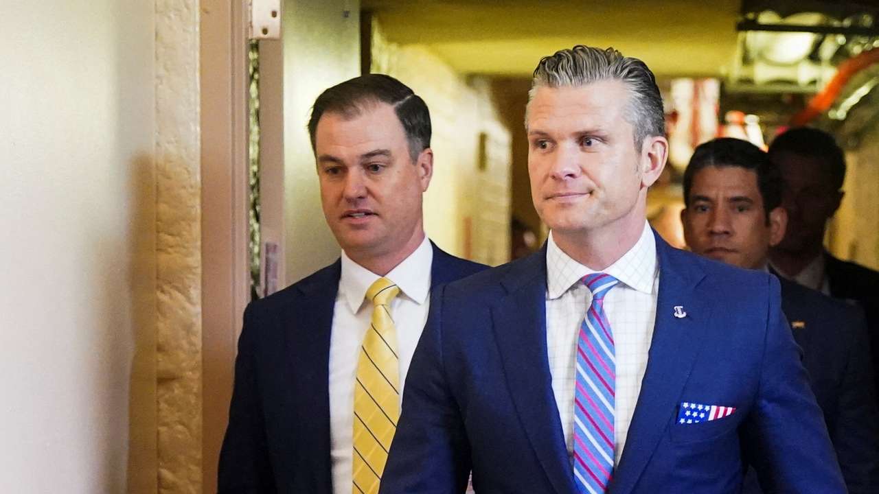 U.S. Secretary of Defense Pete Hegseth leaves following a meeting with members of Congress at the U.S. Capitol, in Washington, D.C.
