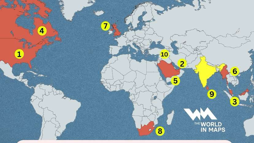 Map shows the top countries outside India with the largest Indian populations and the numbers are striking. Leading the list is the United States, home to 5.4 million people of Indian origin, followed by the UAE w