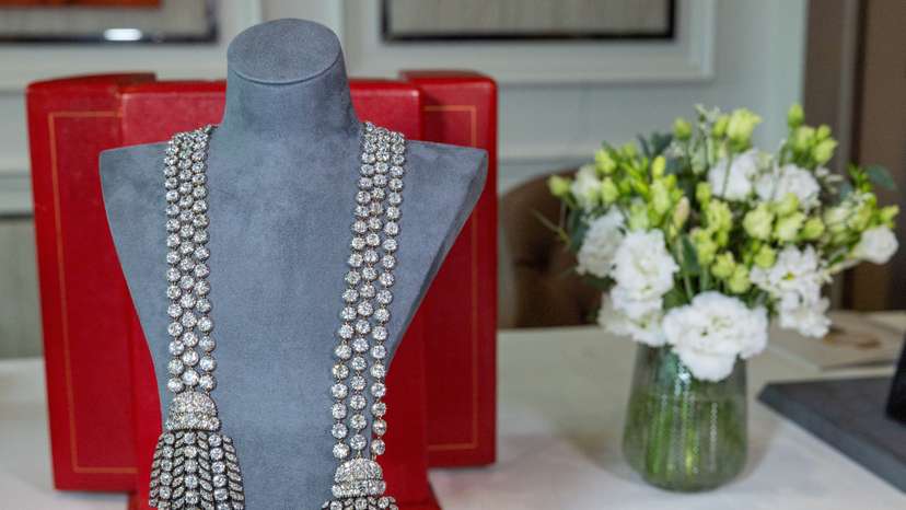 A necklace set with nearly 500 diamonds weighing a total of approximately 300 carats is pictured during an auction preview in Geneva