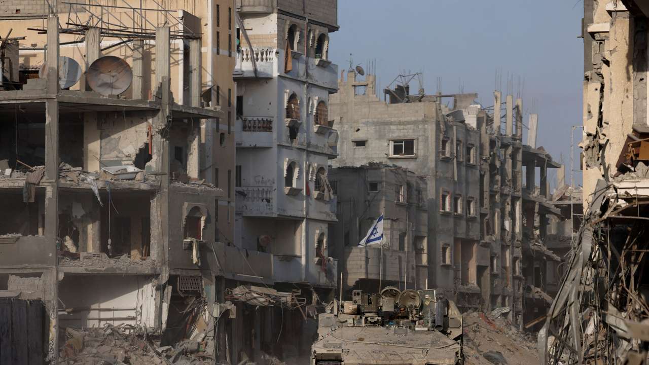 Damaged buildings are pictured in southern Gaza Strip