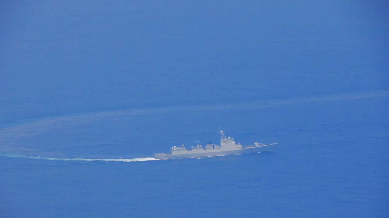 A Chinese warship is pictured while navigating at an undisclosed location in waters around Taiwan