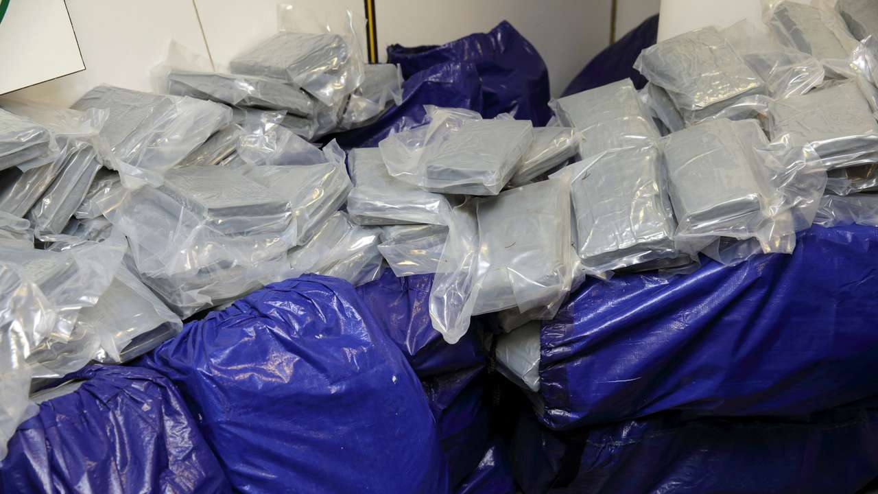 FILE PHOTO: Part of the 1.4 tonnes of cocaine seized by police is displayed at Nanterre police headquarters