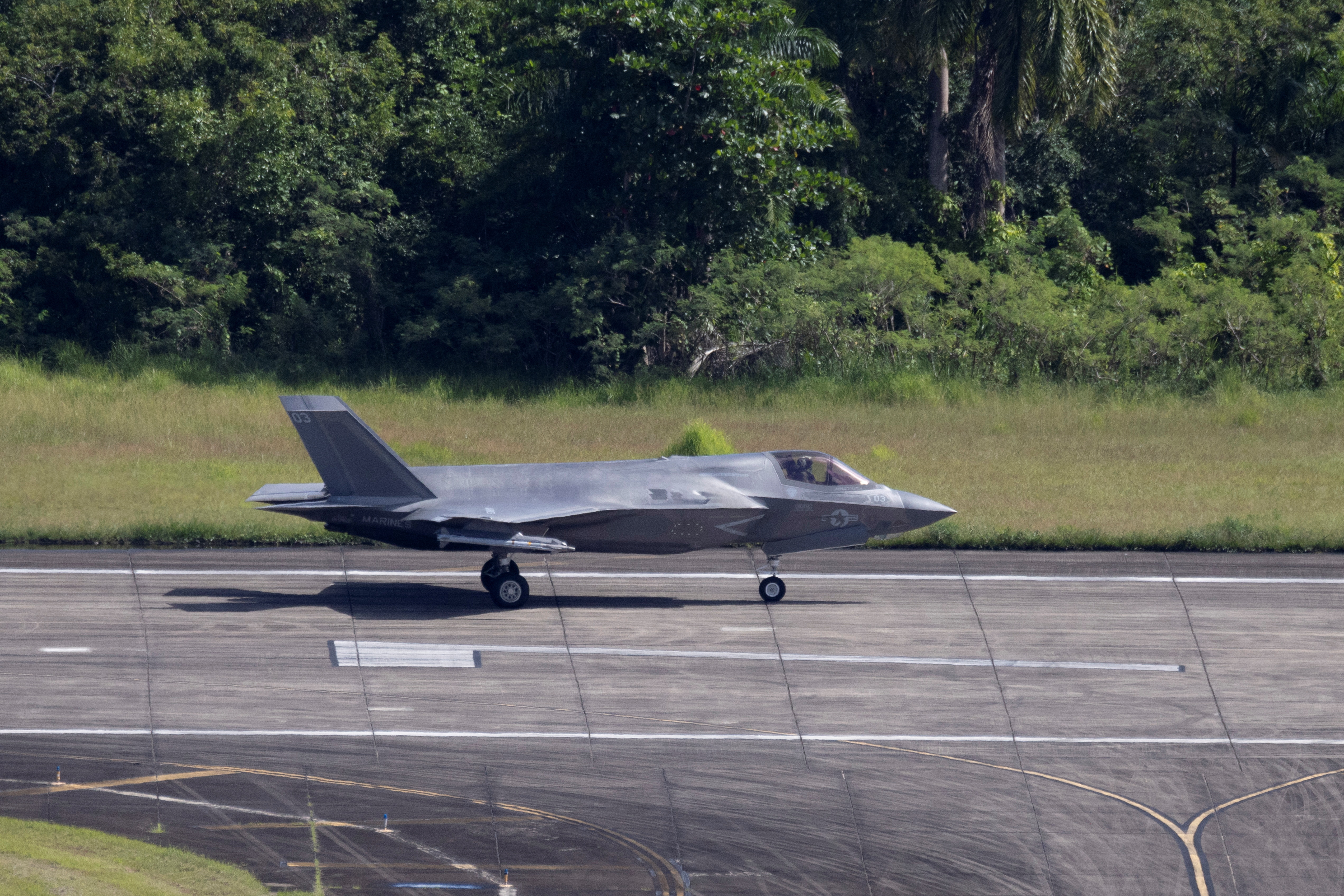 A U.S. Marine Corps F-35 taxies on the runway at the former Roosevelt Roads Naval Station in Ceiba