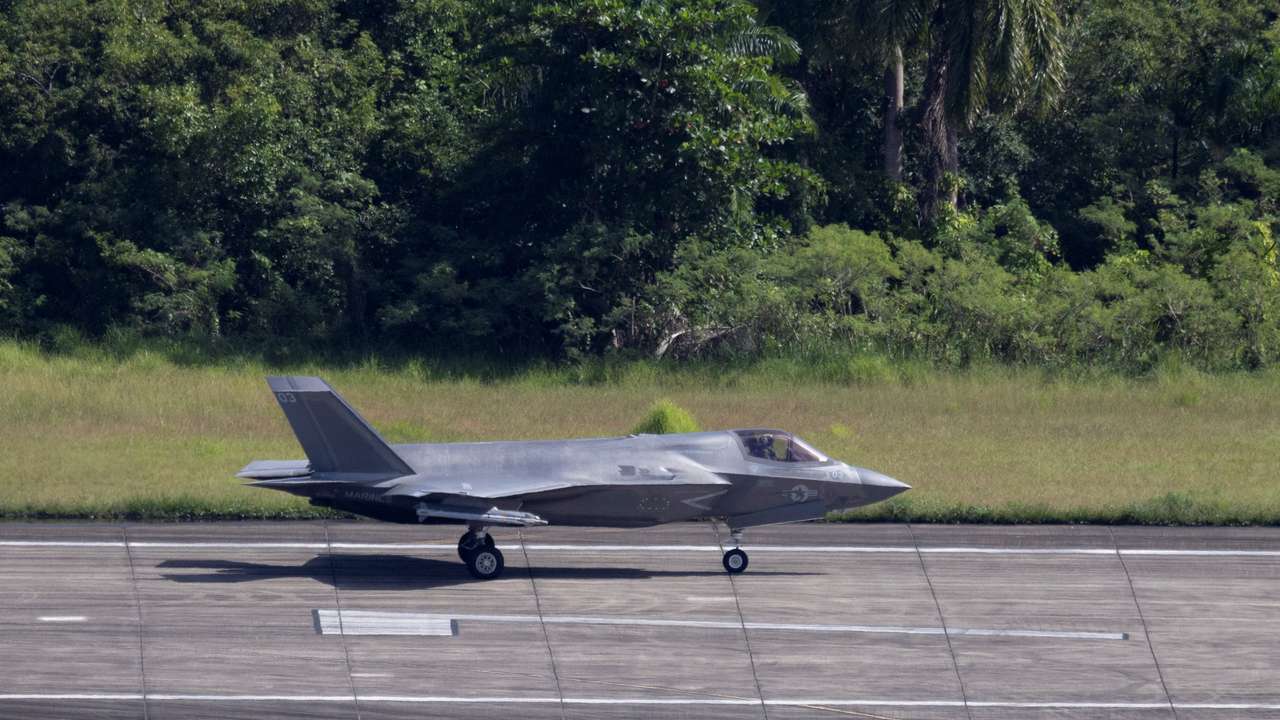 A U.S. Marine Corps F-35 taxies on the runway at the former Roosevelt Roads Naval Station in Ceiba