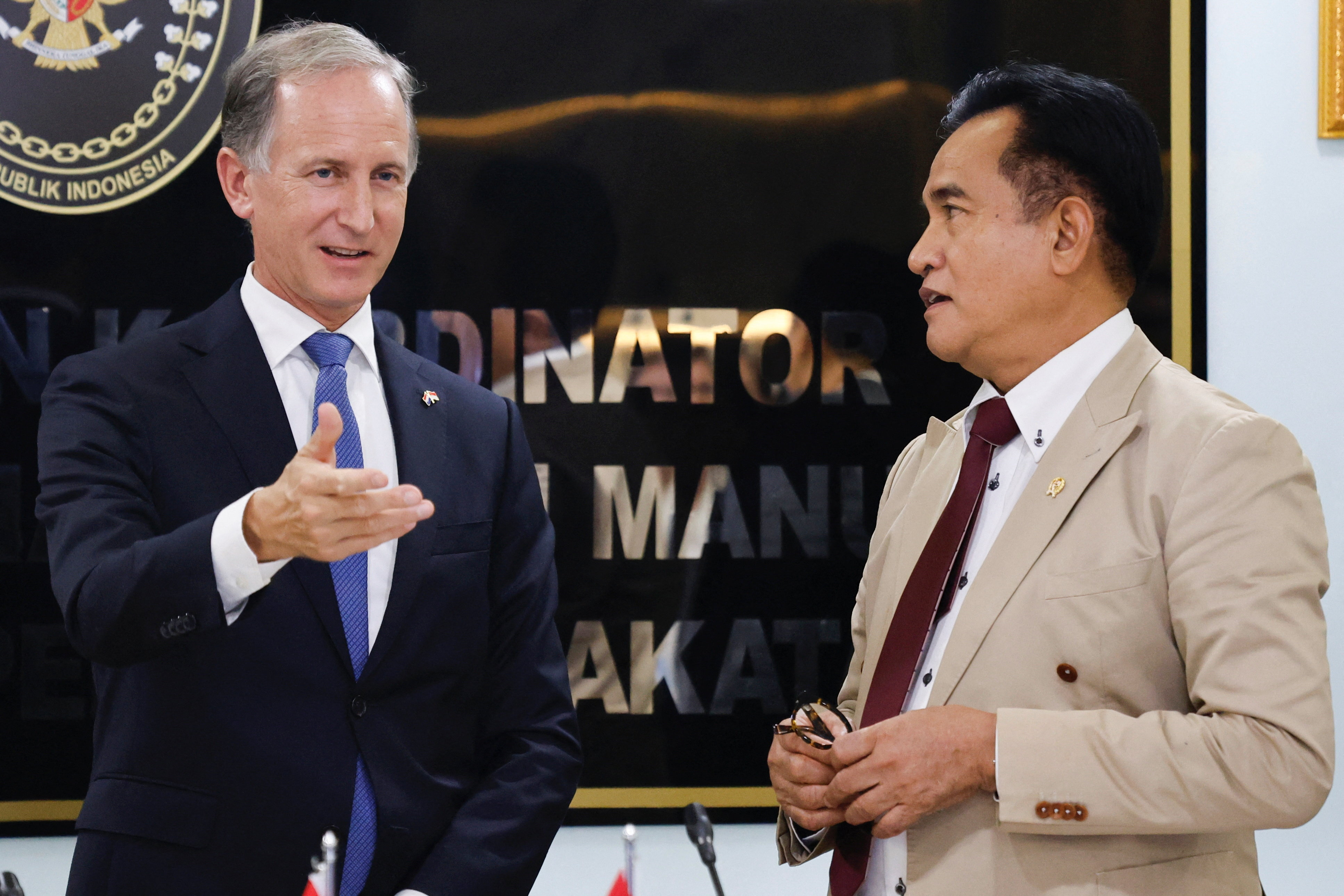 Indonesia's Chief Minister for Law and Human Rights, Yusril Ihza Mahendra and Marc Gerritsen, Dutch Ambassador to Indonesia, attend a meeting in Jakarta