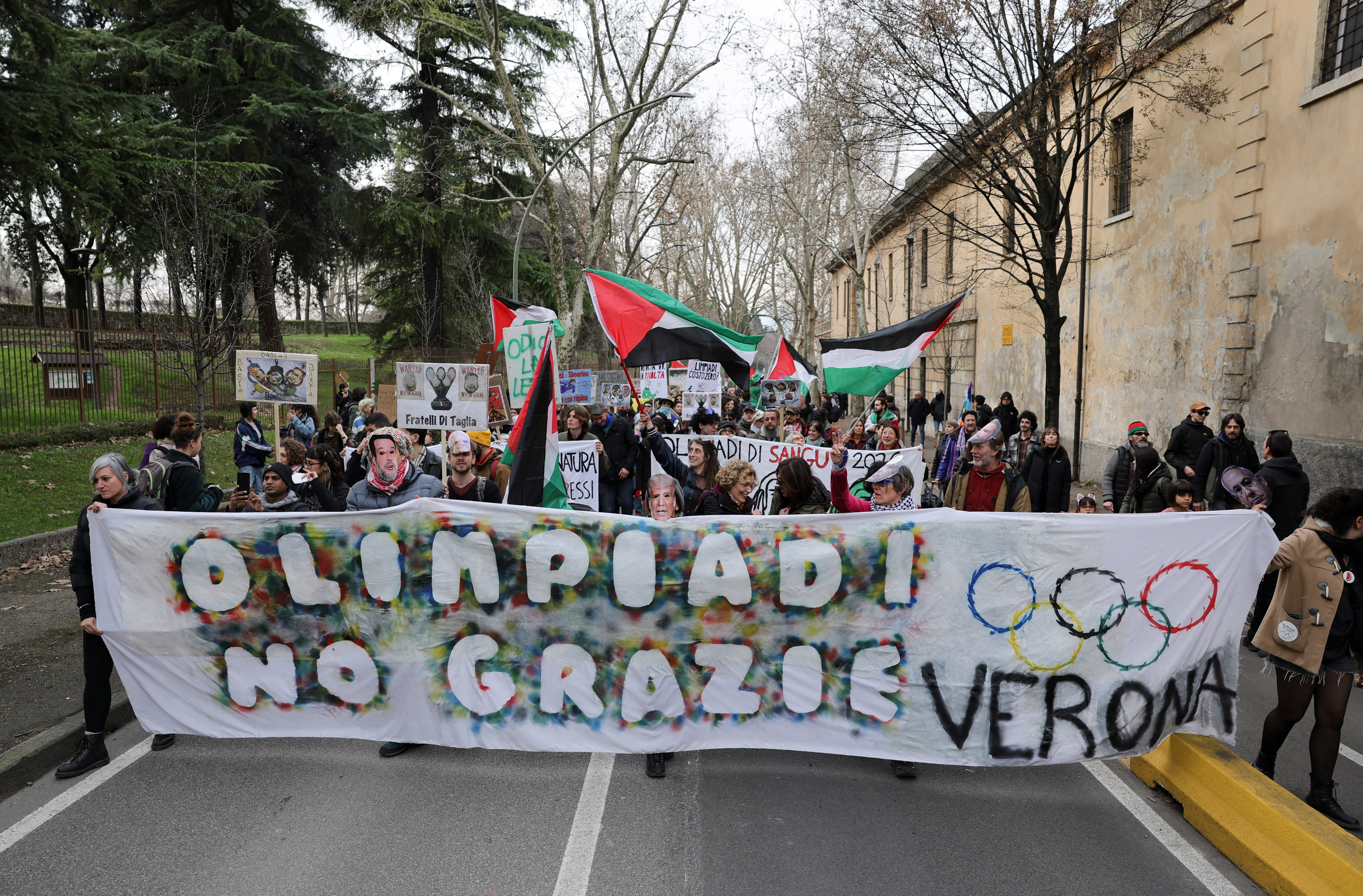 Demonstration under the slogan "Olympics - No Thanks" on the day of the Winter Olympics closing ceremony, in Verona