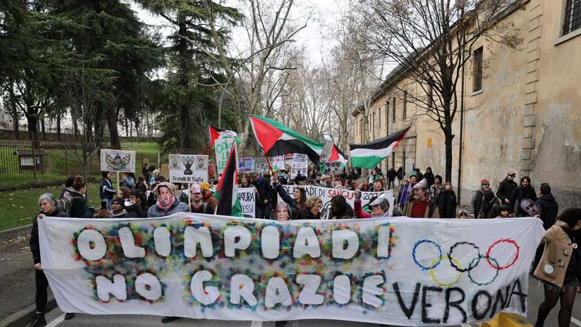 Demonstration under the slogan "Olympics - No Thanks" on the day of the Winter Olympics closing ceremony, in Verona