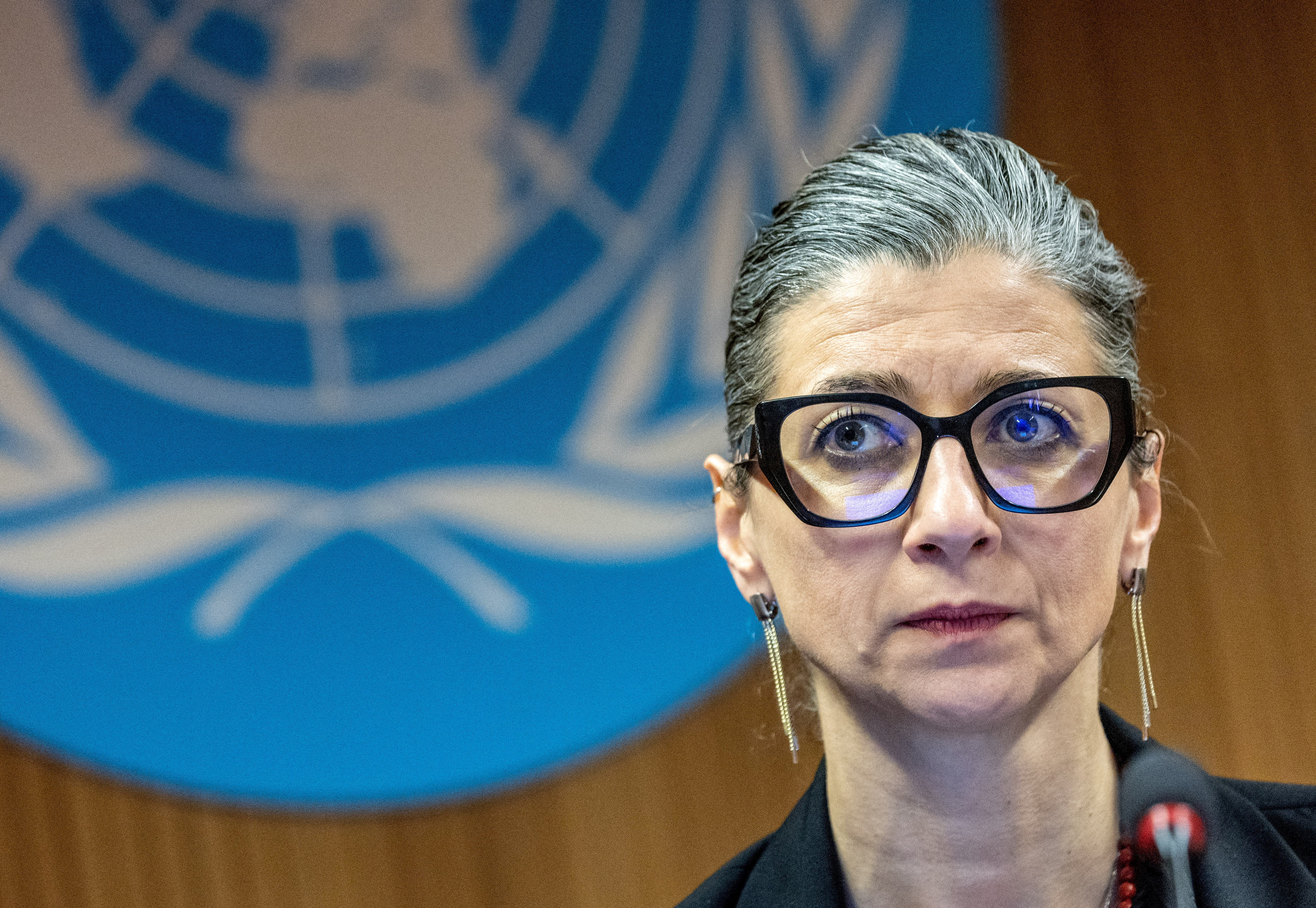 Albanese UN special rapporteur on human rights in the Palestinian territories attends a side event in Geneva