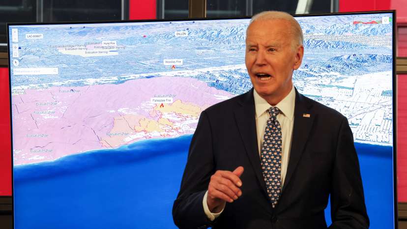 U.S. President Joe Biden receives a briefing from Cal Fire officials on the Palisades wildfire at a Santa Monica Fire Station