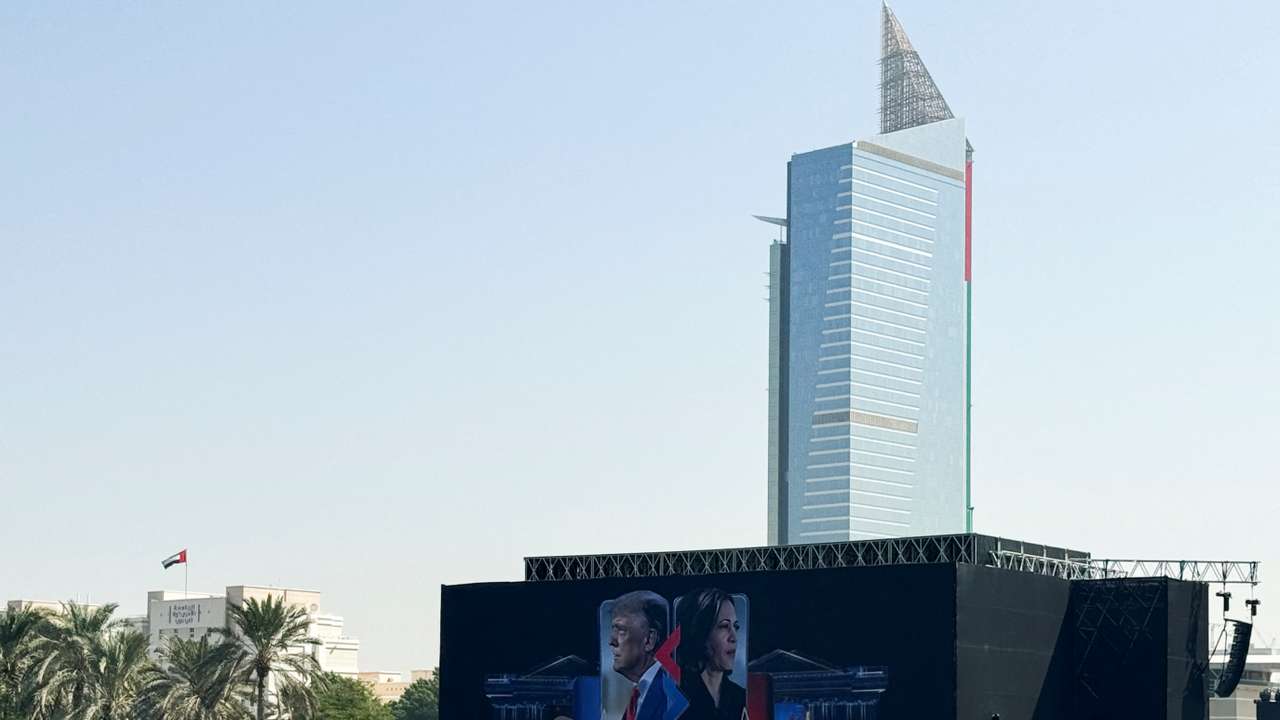 A hoarding shows the Republican presidential nominee and former U.S. President Donald Trump and Democratic presidential nominee U.S. Vice President Kamala Harris at Media City, Dubai