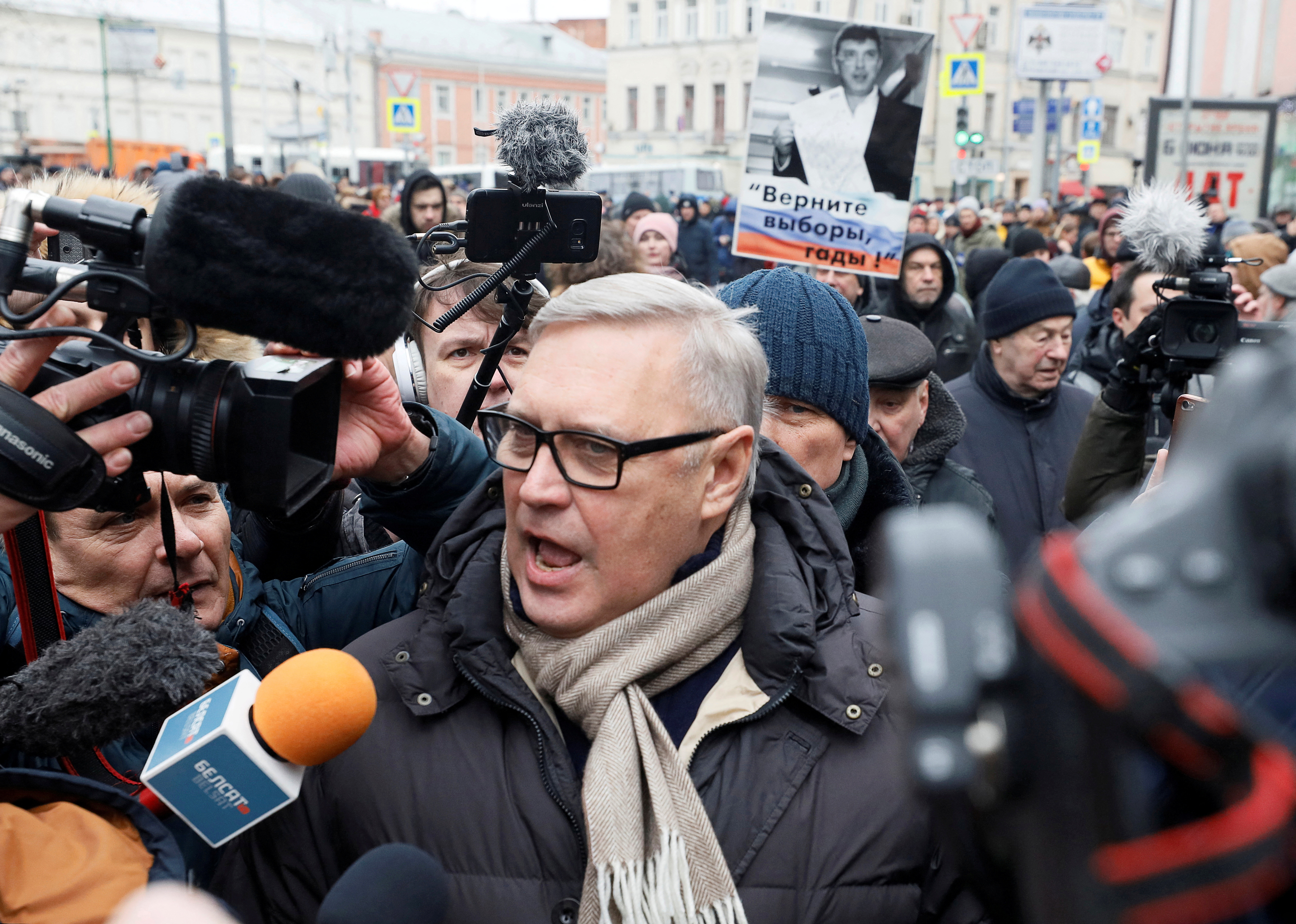 FILE PHOTO: Russian opposition figure Mikhail Kasyanov takes part in a rally to mark the 5th anniversary of opposition politician Boris Nemtsov's murder and to protest against proposed amendments to the country's constitution, in Moscow