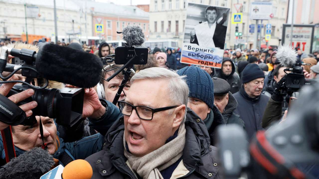 FILE PHOTO: Russian opposition figure Mikhail Kasyanov takes part in a rally to mark the 5th anniversary of opposition politician Boris Nemtsov's murder and to protest against proposed amendments to the country's constitution, in Moscow