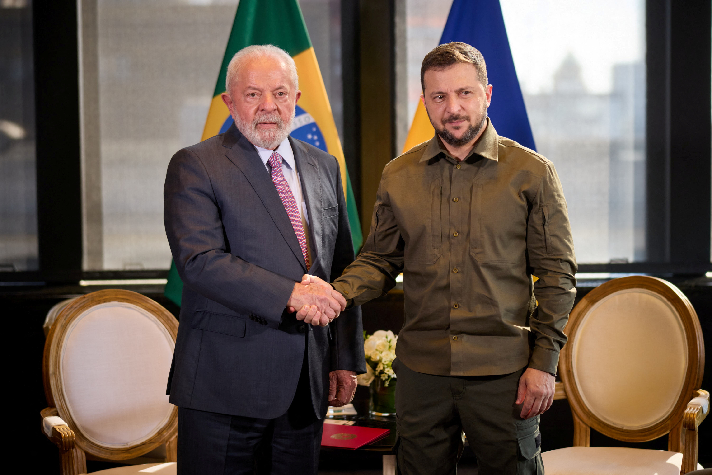 Ukraine's President Zelenskiy meets Brazil's President Luiz Inacio Lula da Silva during the U.N. General Assembly in New York