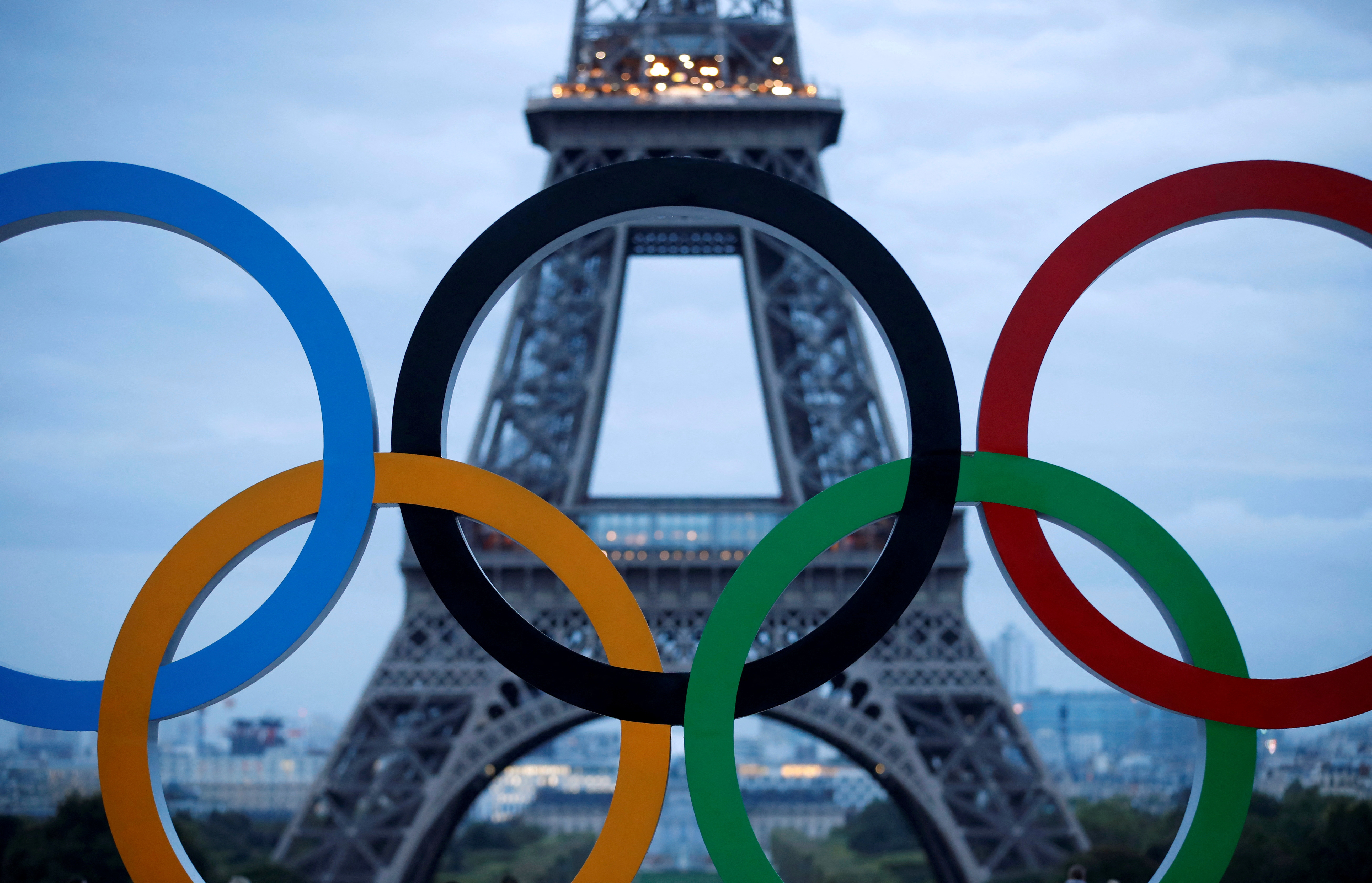 FILE PHOTO: Olympic rings to celebrate the IOC official announcement that Paris won the 2024 Olympic bid are seen in front of the Eiffel Tower at the Trocadero square in Paris