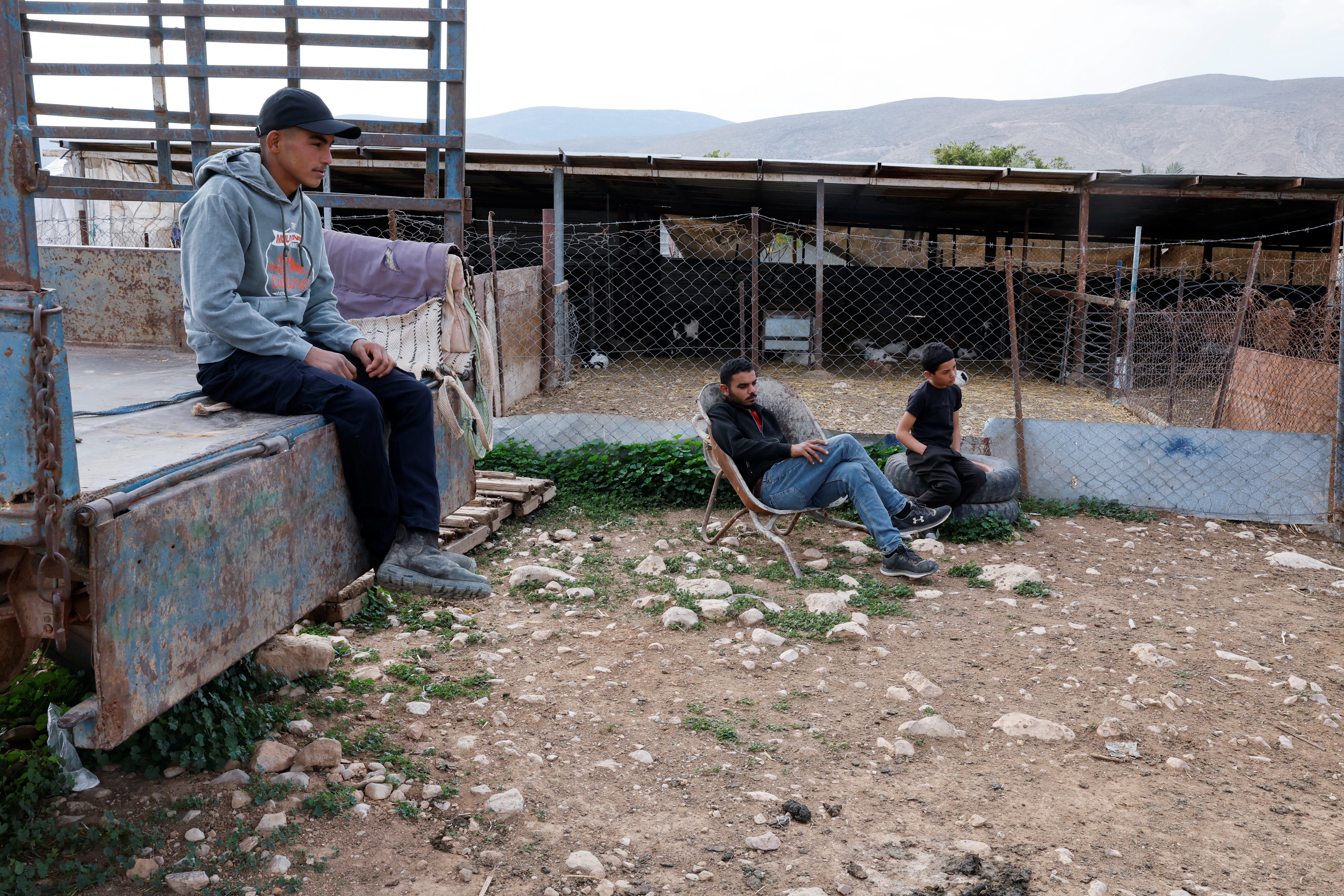 Palestinian shepards sit by livestock pen, few days after Bedouins said that Israeli settlers took livestock from the village of Ein al-Auja