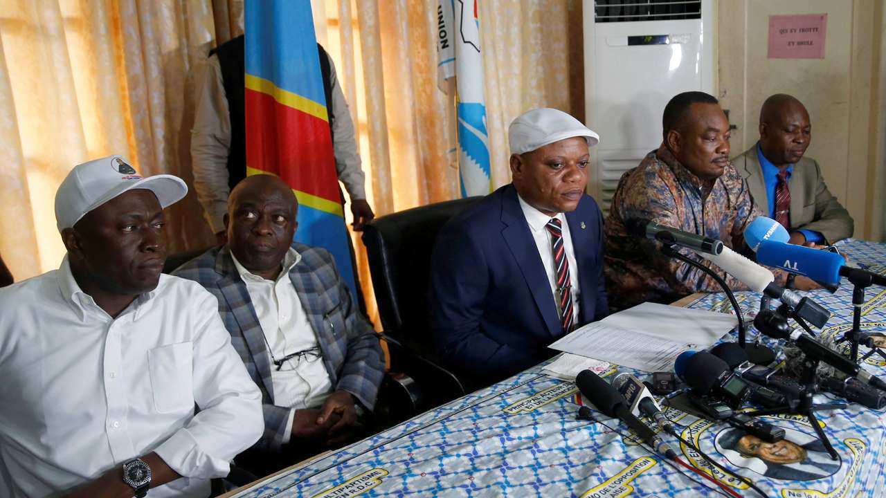 FILE PHOTO: Jean-Marc Kabund, secretary general of Congolese main opposition party the Union for Democracy and Social Progress speaks during a press conference in Kinshasa