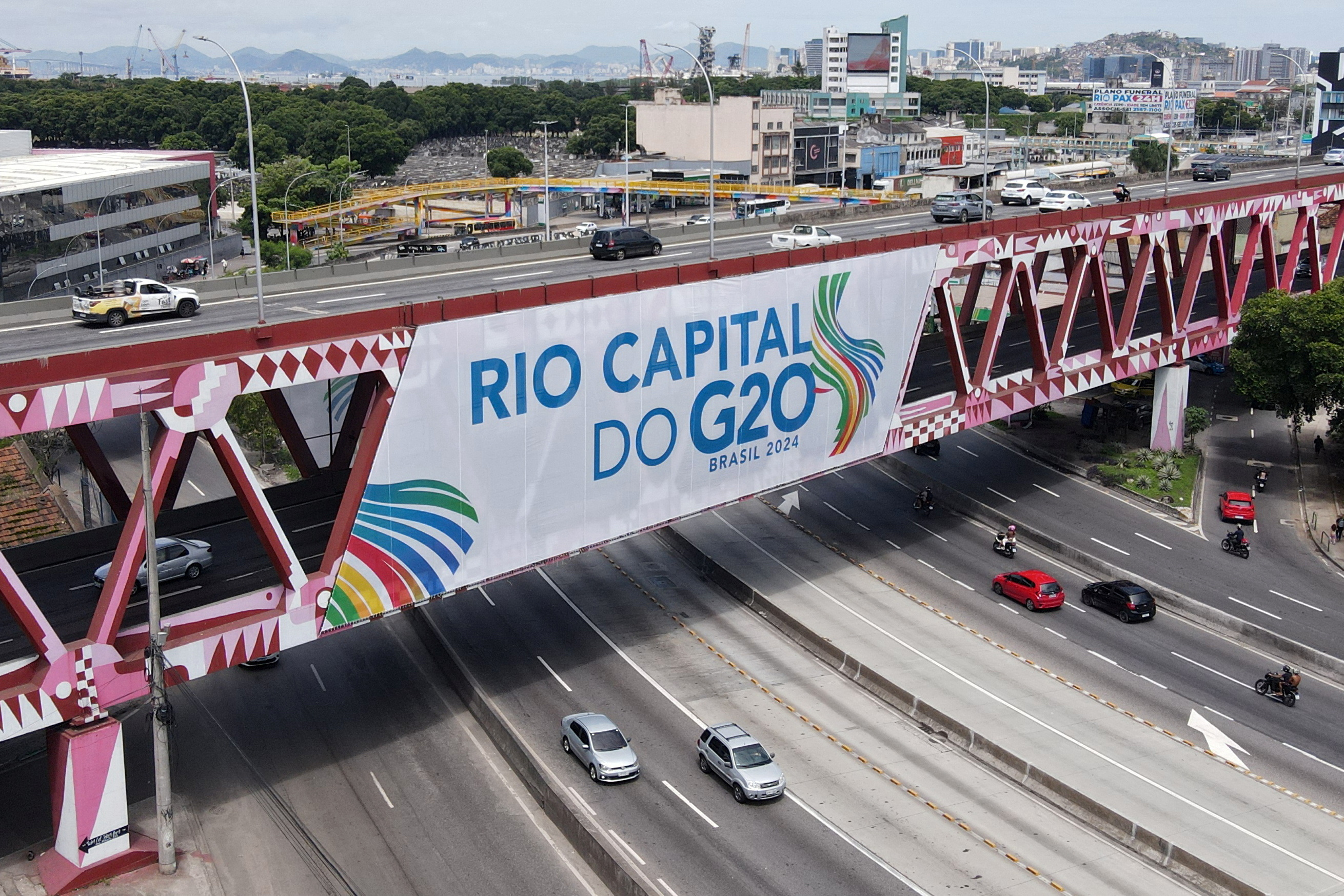 A drone view shows a banner on a bridge ahead of G20 Summit in Rio de Janeiro