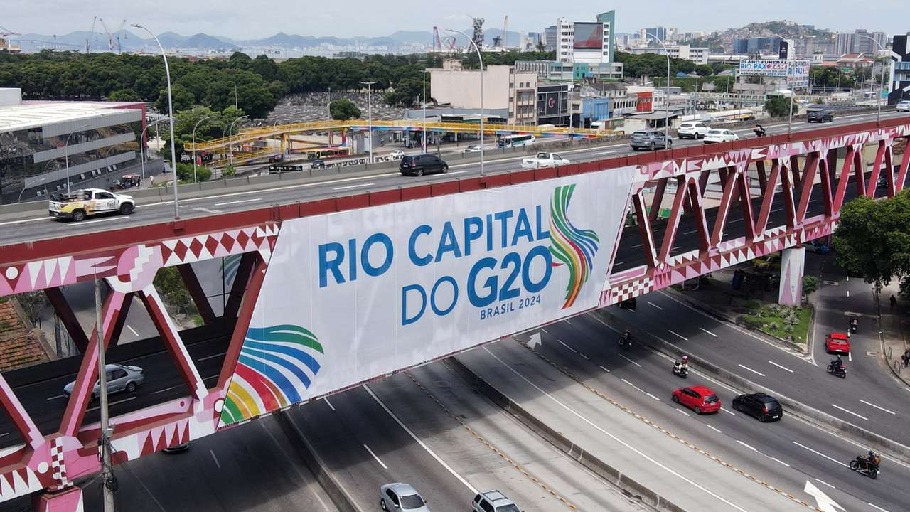 A drone view shows a banner on a bridge ahead of G20 Summit in Rio de Janeiro