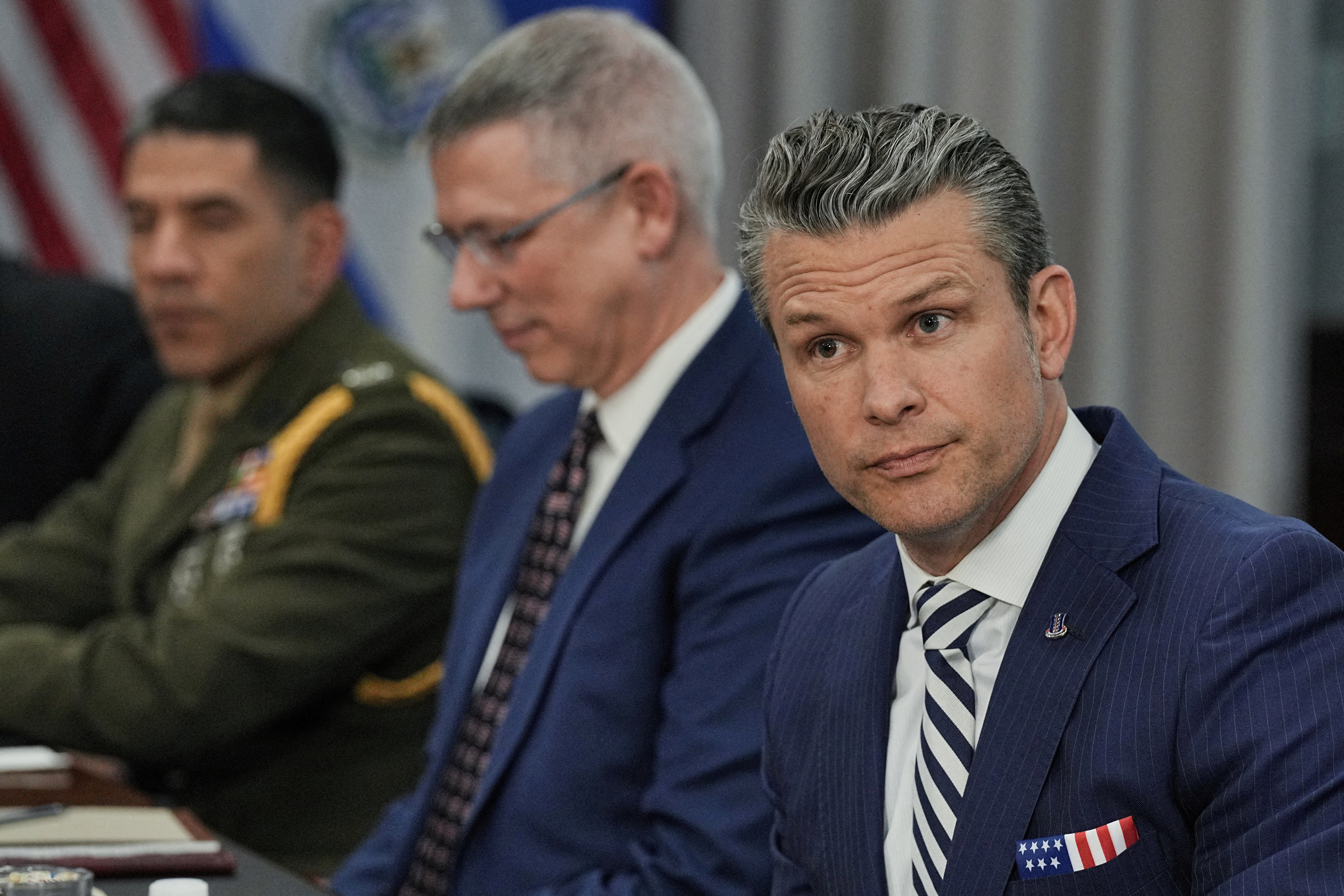 FILE PHOTO: U.S. Defense Secretary Pete Hegseth welcomes El Salvador Defense Minister Rene Merino Monroy at the Pentagon in Washington