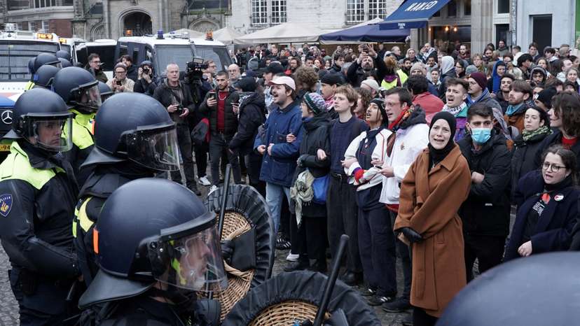 Pro-Palestinian protesters take part in a banned demonstration in Amsterdam