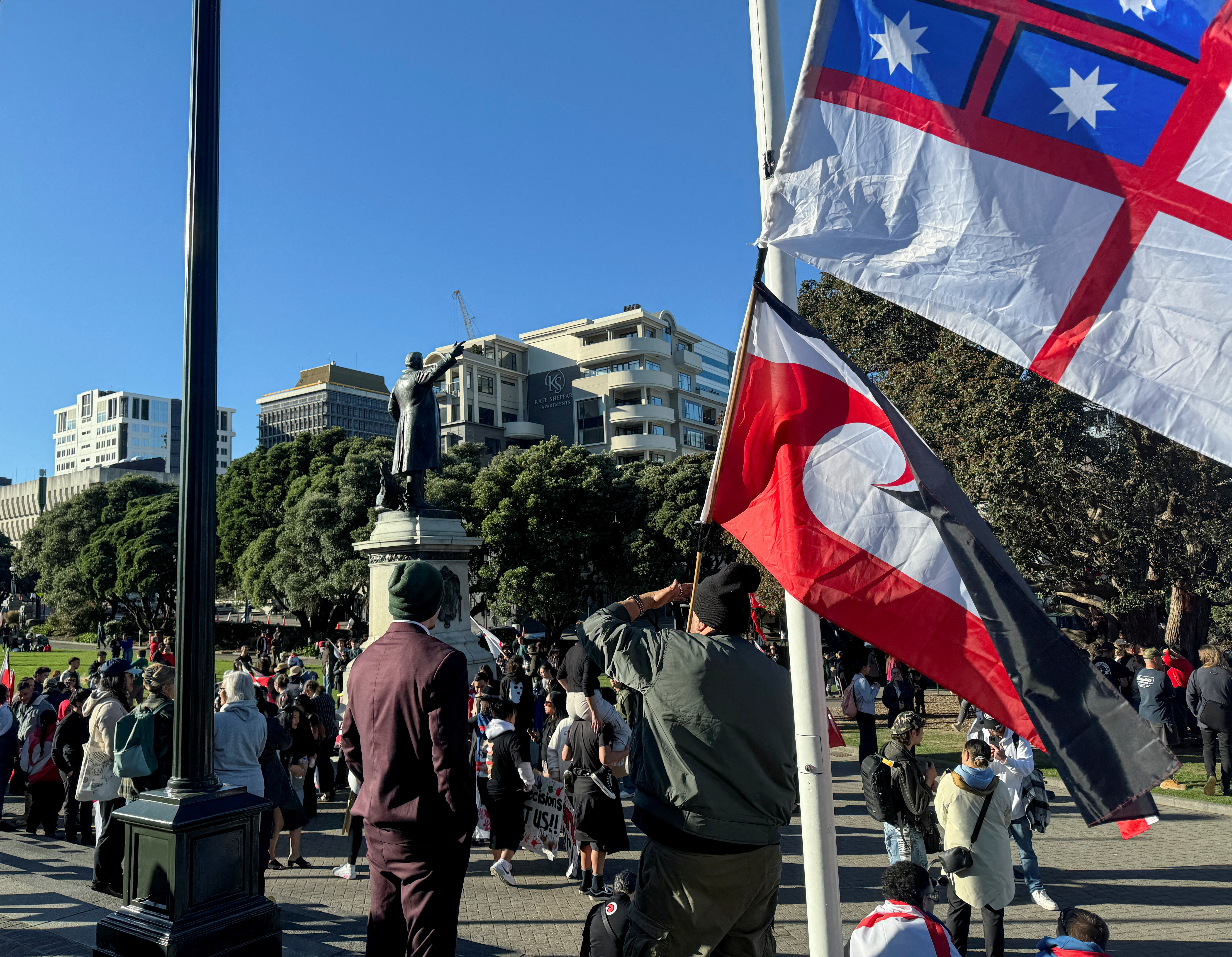 FILE PHOTO: Protesters gather outside New Zealand's parliament buildings