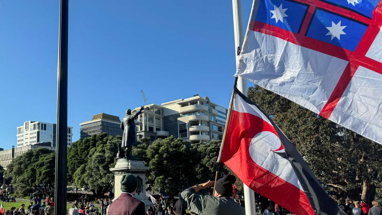FILE PHOTO: Protesters gather outside New Zealand's parliament buildings