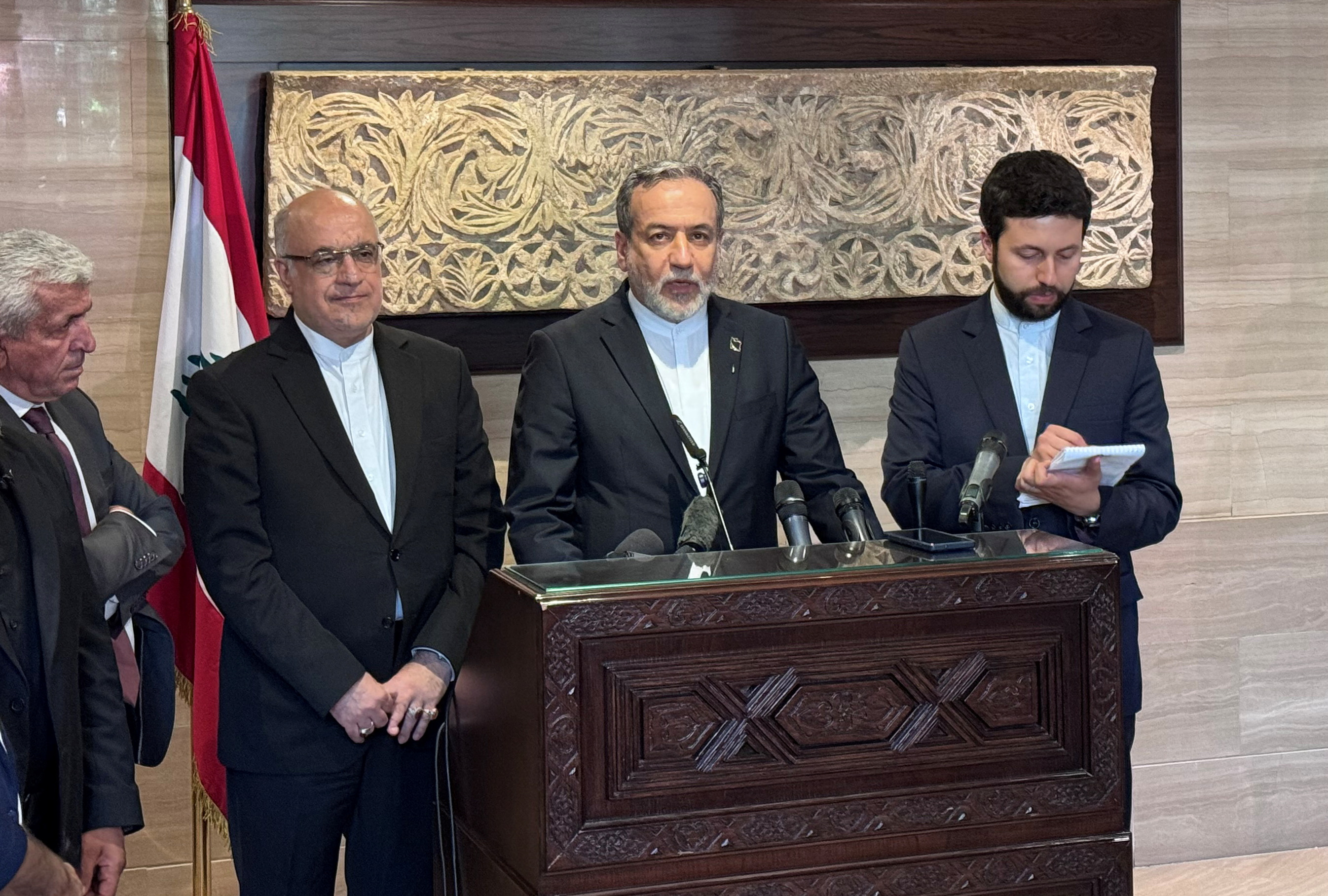 Iranian Foreign Minister Abbas Araqchi speaks after meeting with Lebanese Parliament Speaker Nabih Berri, in Beirut