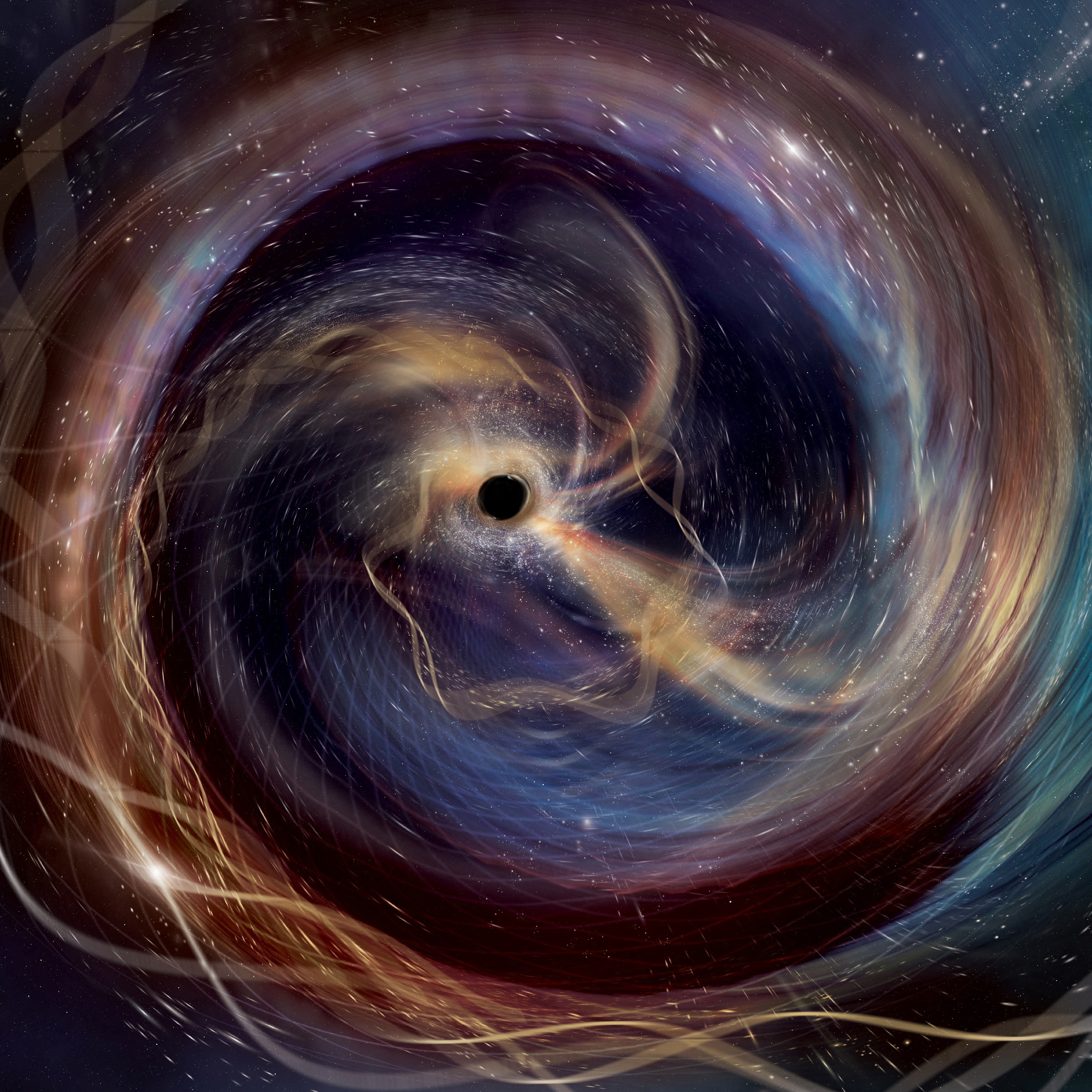 Artist's conception shows events immediately preceding a powerful collision between two black holes