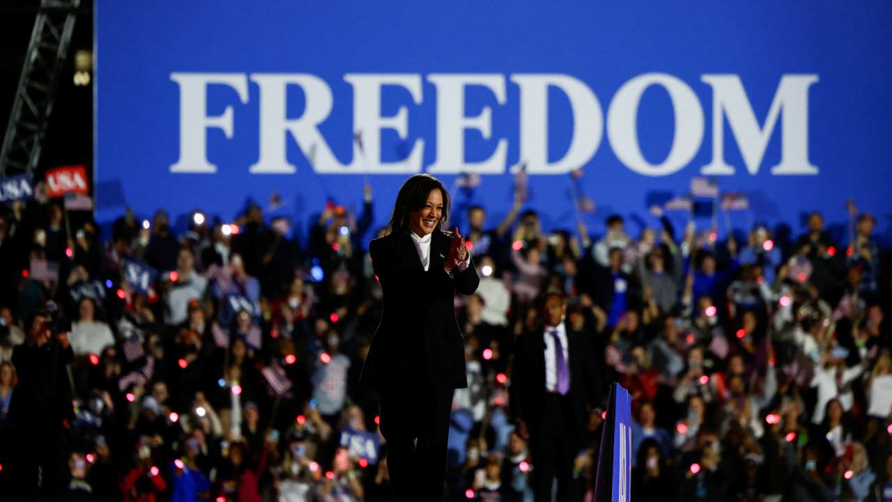 Democratic presidential nominee U.S. Vice President Harris delivers a speech on the National Mall, in Washington