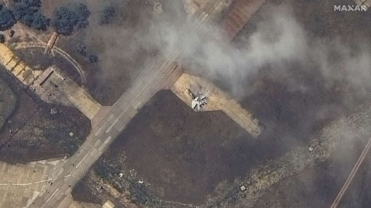 A satellite image shows what appears to be a damaged MiG29 fighter following an attack at Belbek Airbase, amid Russia's attack on Ukraine, in Crimea