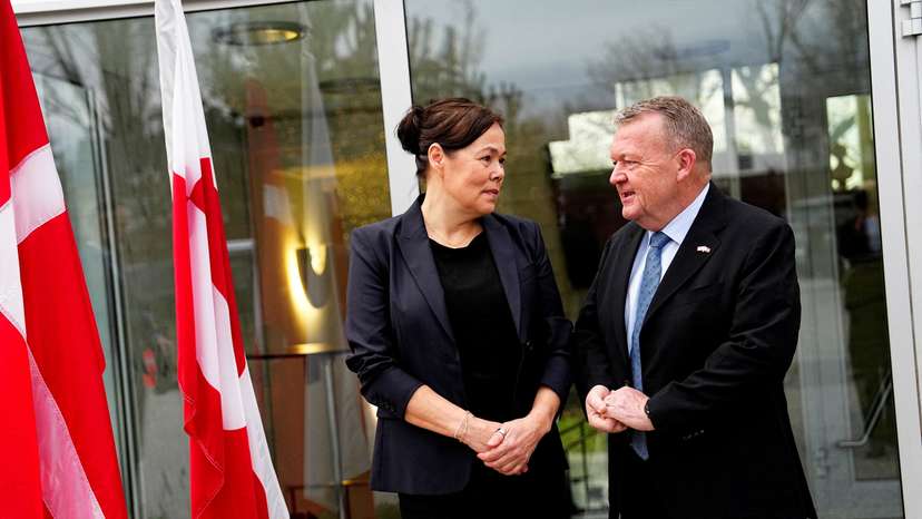 Denmark's Foreign Minister Lars Loekke Rasmussen and Greenland's Foreign Minister Vivian Motzfeldt prepare for meeting at the White House