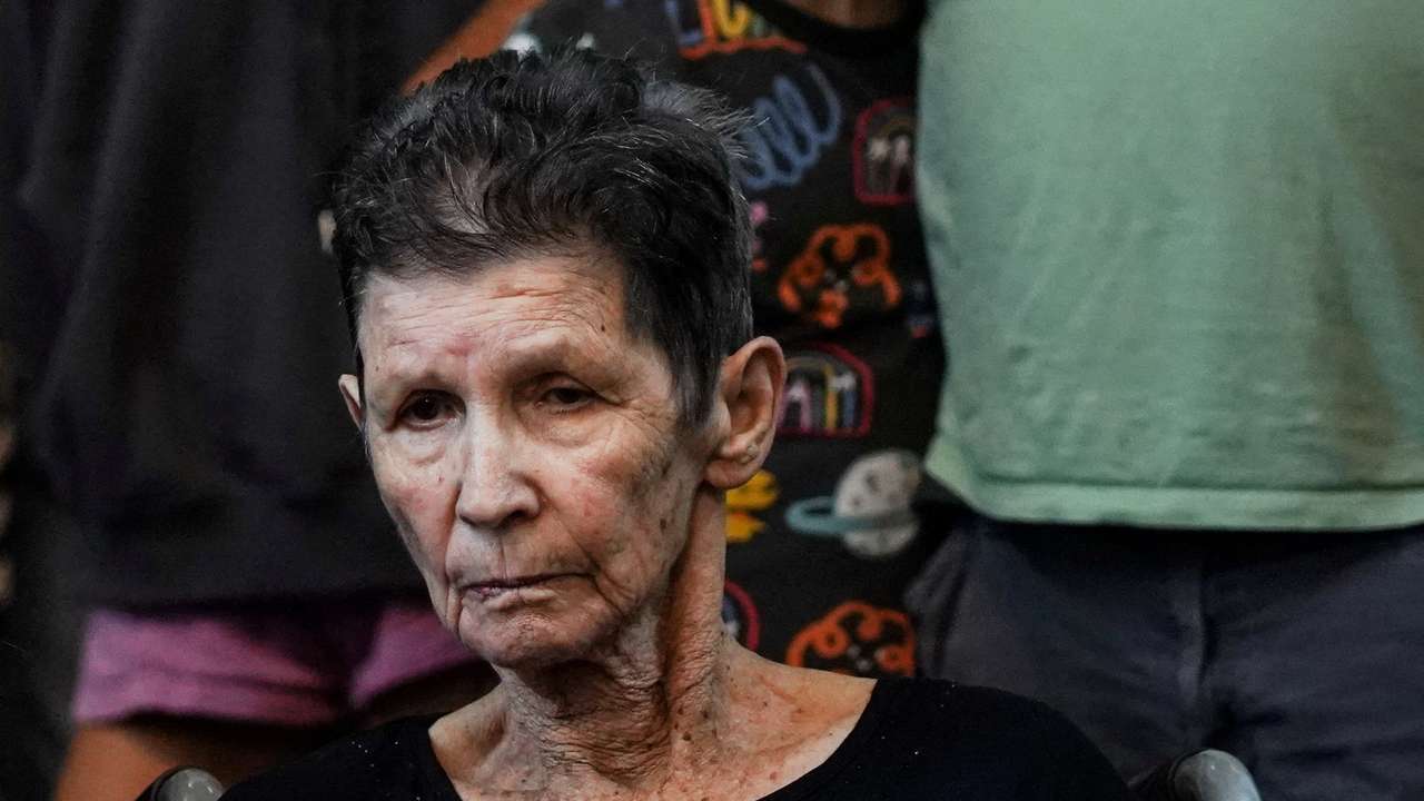 FILE PHOTO: Hostage, Lifshitz, speaks to members of the press after being released by Hamas militants, at Ichilov Hospital in Tel Aviv