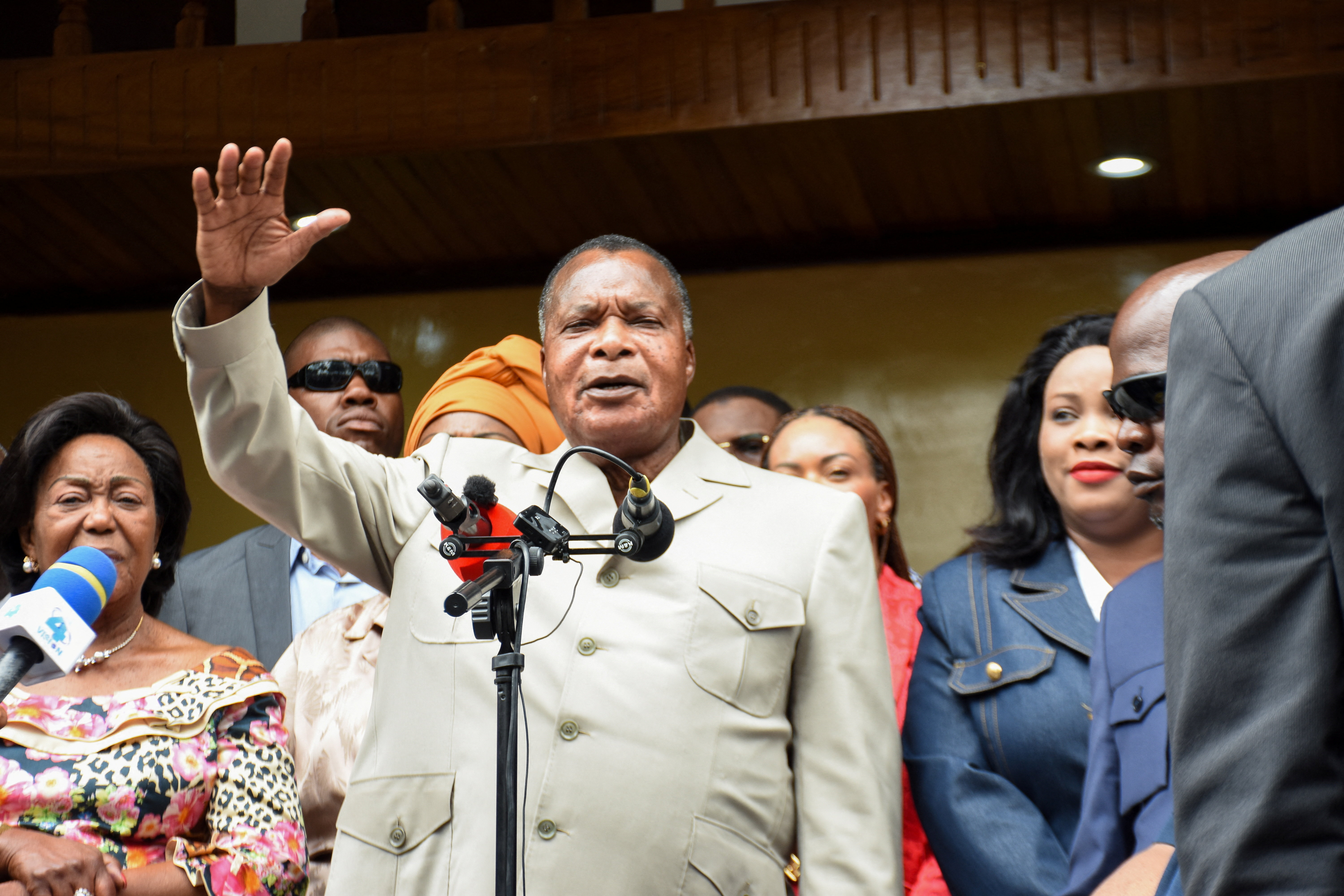 Outgoing President of the Republic of Congo Denis Sassou Nguesso, who is running for re-election, speaks after casting his vote during the presidential election at a polling station in Brazzaville