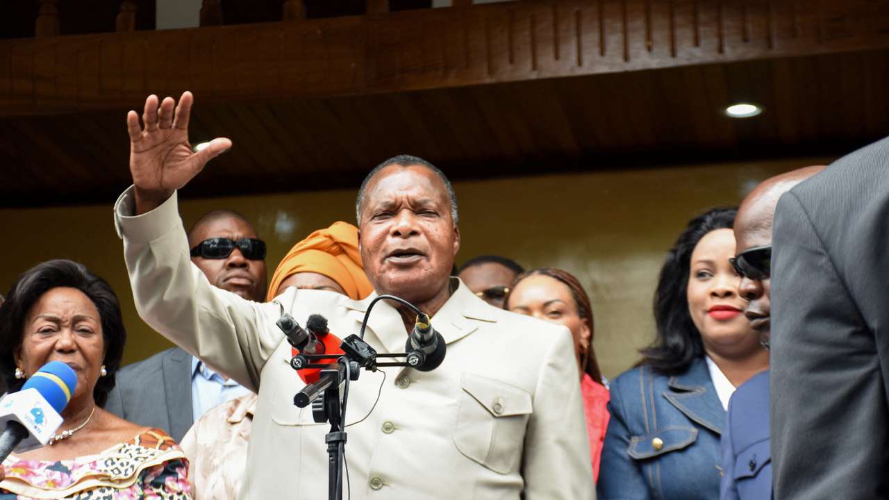 Outgoing President of the Republic of Congo Denis Sassou Nguesso, who is running for re-election, speaks after casting his vote during the presidential election at a polling station in Brazzaville
