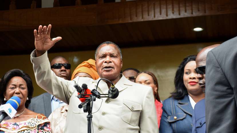 Outgoing President of the Republic of Congo Denis Sassou Nguesso, who is running for re-election, speaks after casting his vote during the presidential election at a polling station in Brazzaville