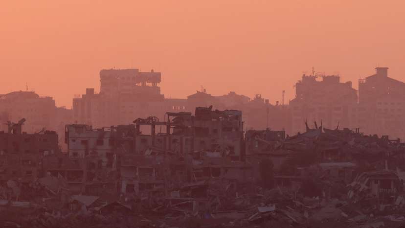 A view of Gaza during sunset, amid the Israel-Hamas conflict, near the Israel-Gaza border