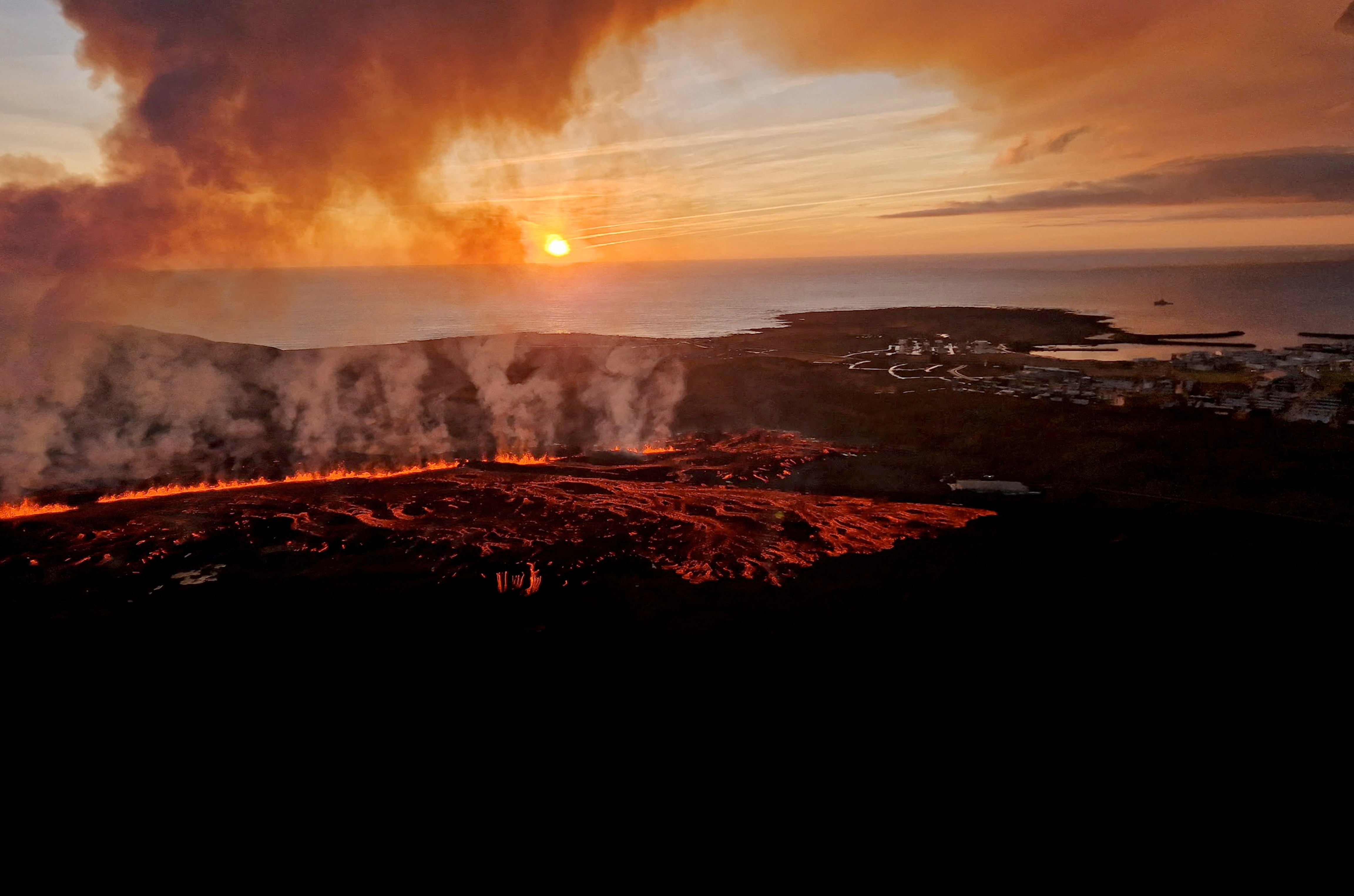 Lava flows from a volcano in Grindavik