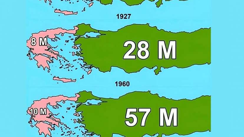 This map shows the dramatic demographic divergence between Greece and Turkey from 1927 to 2020.In 1927, Turkey had nearly twice the population of Greece—13 million vs. 7 million. But over the next century, Turkey’s population skyrockete