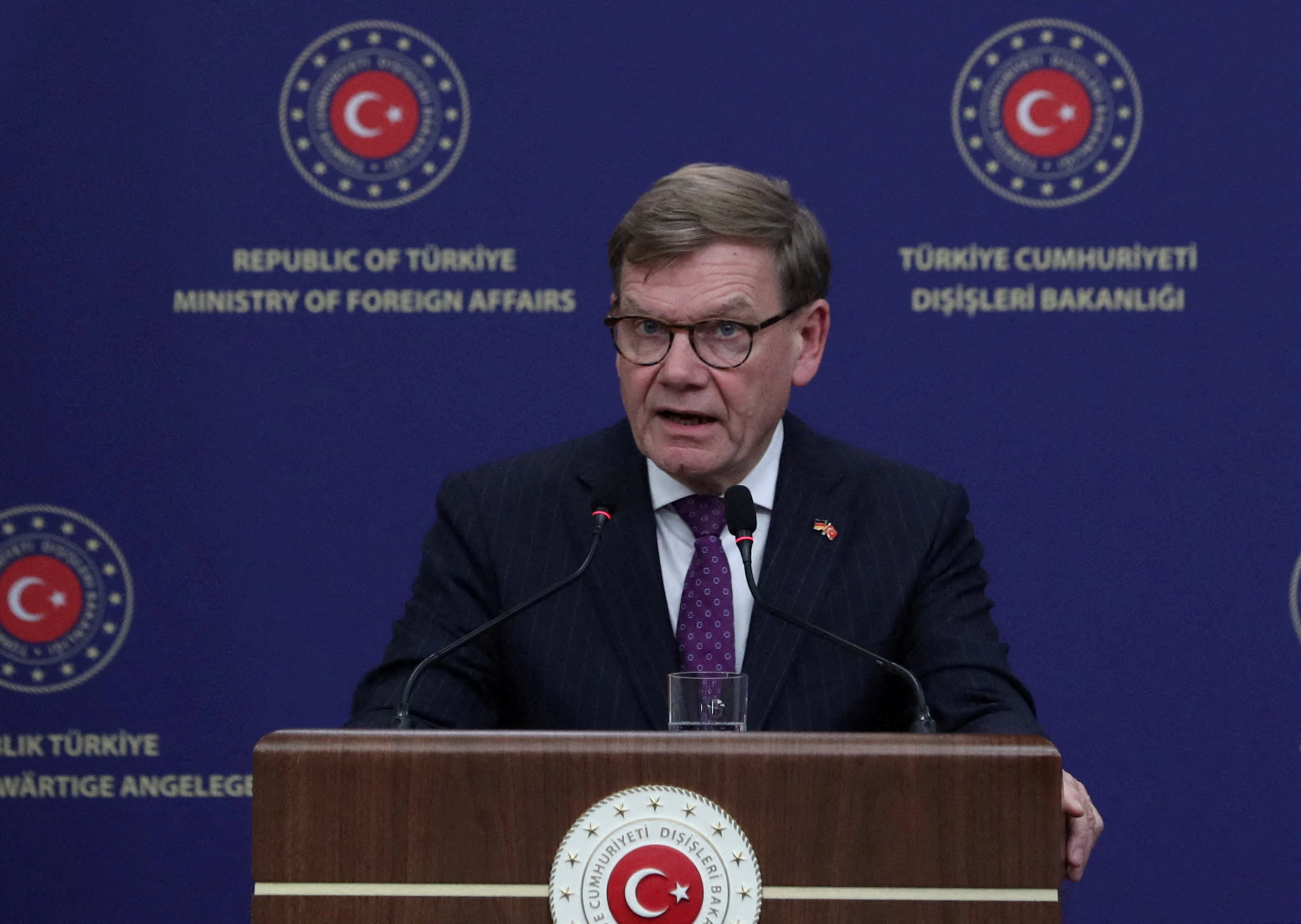 FILE PHOTO: German Foreign Minister Wadephul speaks during a press conference in Ankara