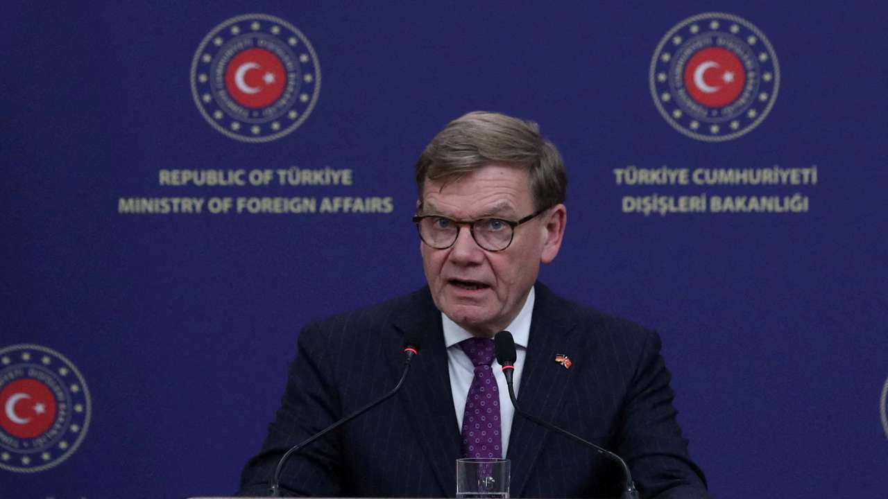 FILE PHOTO: German Foreign Minister Wadephul speaks during a press conference in Ankara