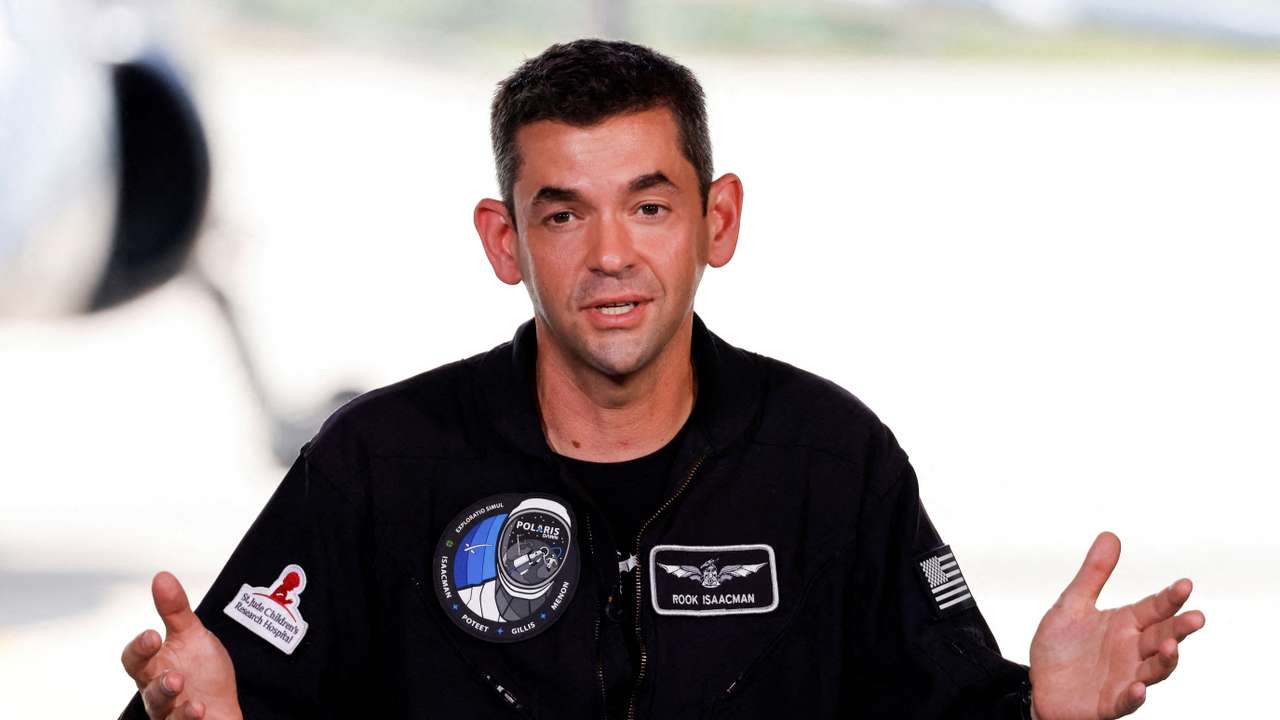 FILE PHOTO: Commander Jared Isaacman of Polaris Dawn, a private human spaceflight mission, speaks at a press conference prior to launch.