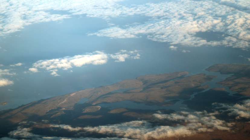 The coast of the West Falkland, of the Falkland Islands, is seen from an airplane