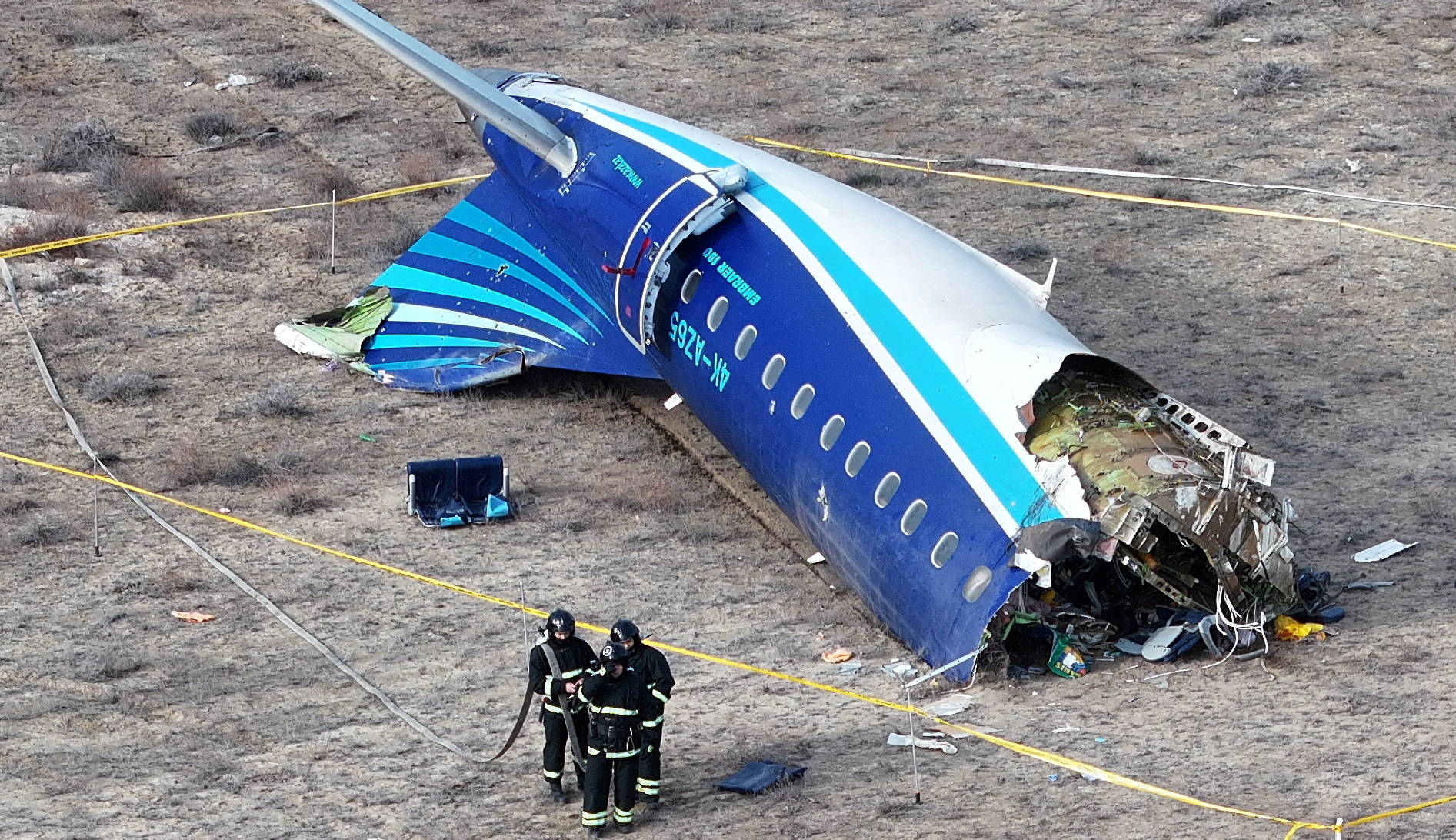 FILE PHOTO: A drone view shows the crash site of a passenger plane near Aktau