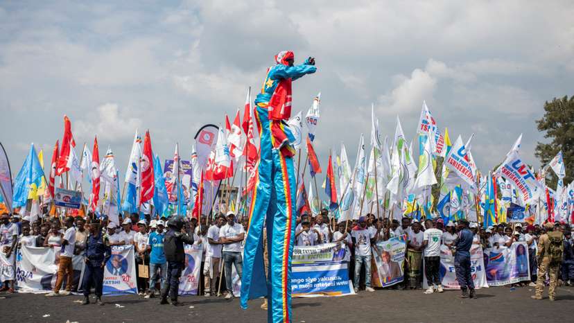 UDPS party supporters gather as they wait for the arrival of Democratic Republic of the Congo's President Felix Tshisekedi for a campaign rally at the Afia stadium in Goma
