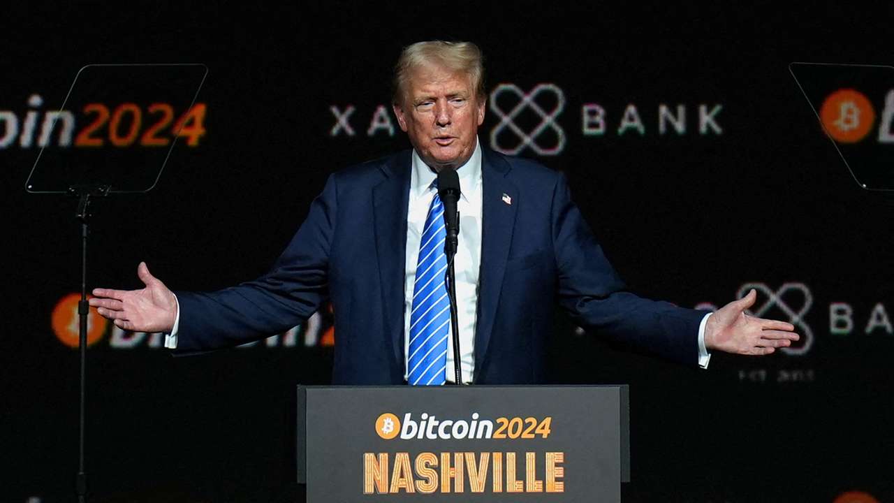 FILE PHOTO: Republican presidential nominee Donald Trump attends the crypto conference in Nashville