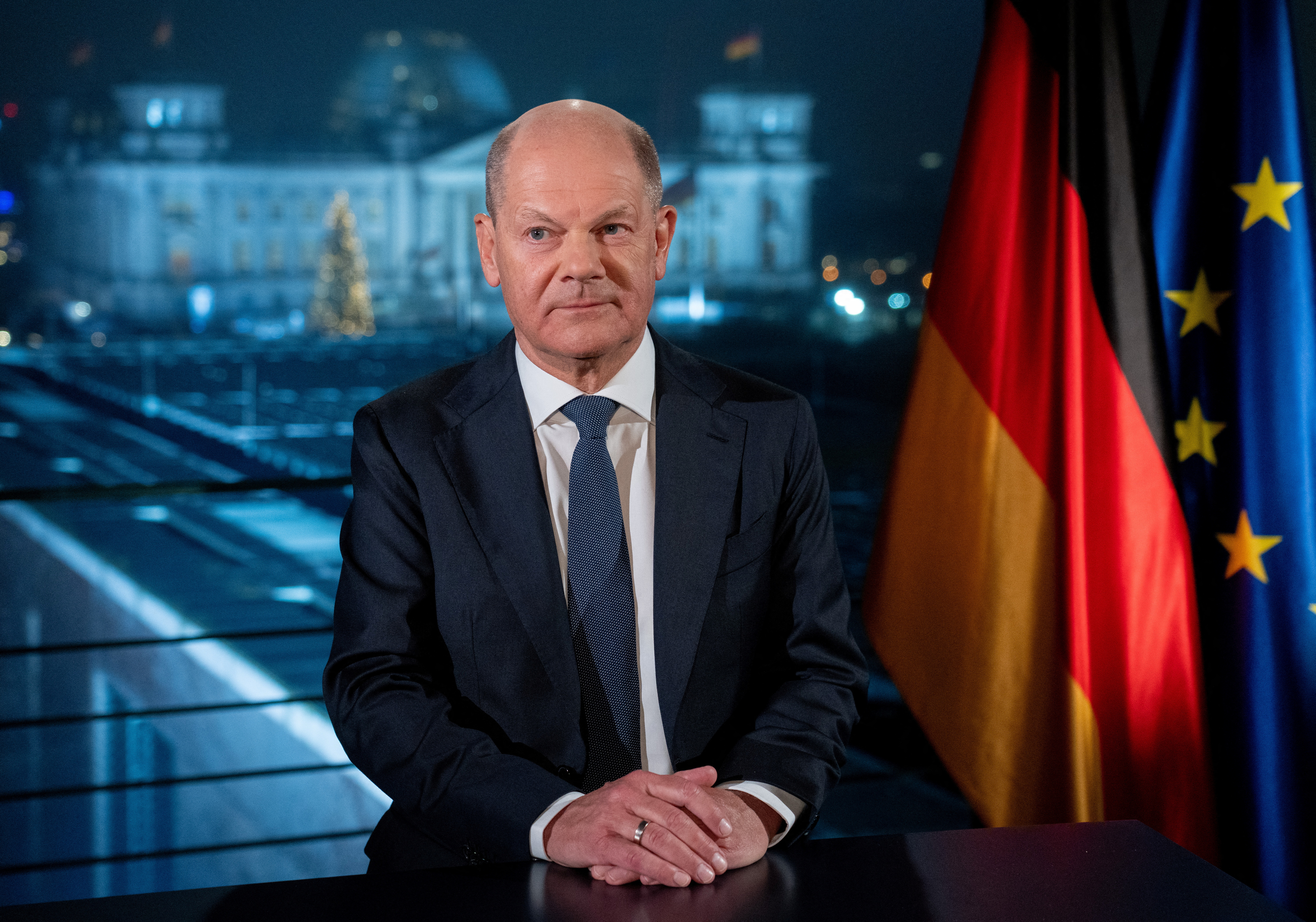 German Chancellor Olaf Scholz records his New Year's speech at the chancellery in Berlin